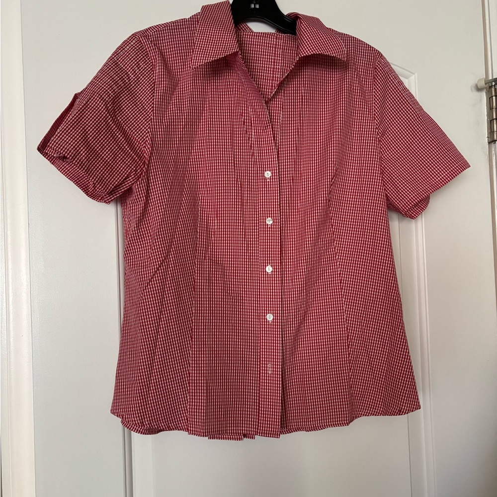 Red Checkered Short Pleated Sleeves Cotton Shirt Women Medium Alice Olivia style